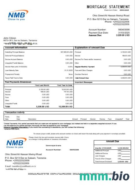 Tanzania NMB Bank wyciąg z kredytu hipotecznego w formatach Word i PDF